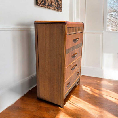 Art Deco Tallboy Waterfall Dresser – Vintage Wooden Dresser, Birds Eye Maple Drawers, Classic Storage Furniture