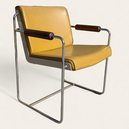 Set of 8 Vintage Krueger Armchairs – 1970s Office Chairs w/ Yellow Seats, Chrome Frames & Wood Arms, MCM Industrial