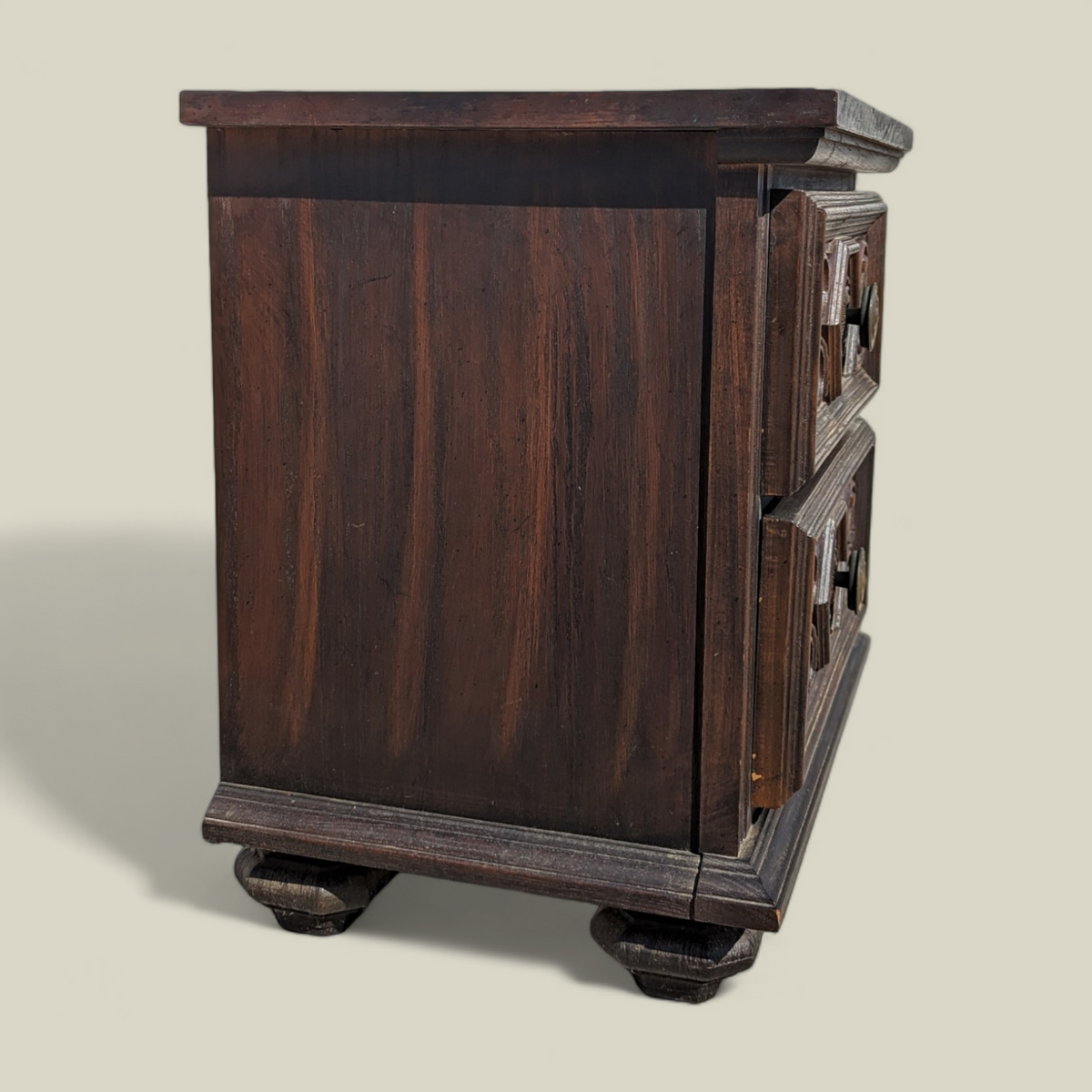 1970s Spanish Gothic Revival Carved Wood Nightstand with Brass Hardware — view 4 of 13