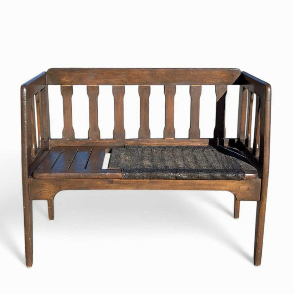 Mid-Century Wood Bench with Black Woven Strap Seat — view 15 of 15