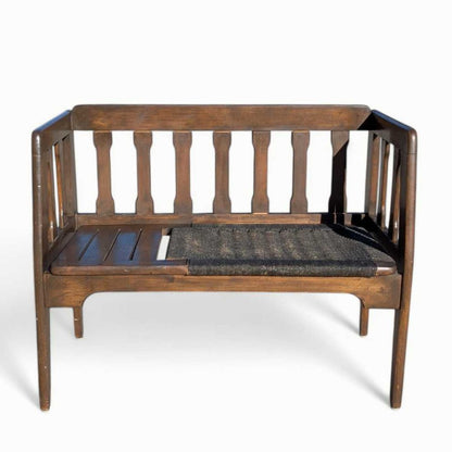 Mid-Century Wood Bench with Black Woven Strap Seat — view 15 of 15