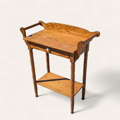 Antique Oak Washstand – 19th Century Early American Style Table w/ Towel Rack & Shelf, Farmhouse Accent