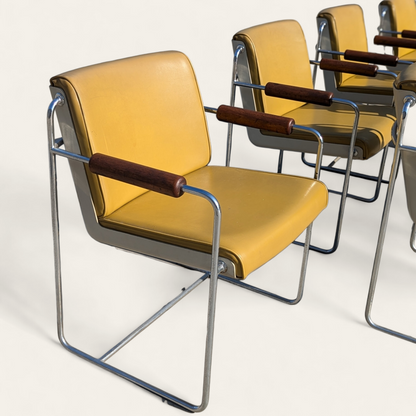Set of 8 Vintage Krueger Armchairs – 1970s Office Chairs w/ Yellow Seats, Chrome Frames & Wood Arms, MCM Industrial