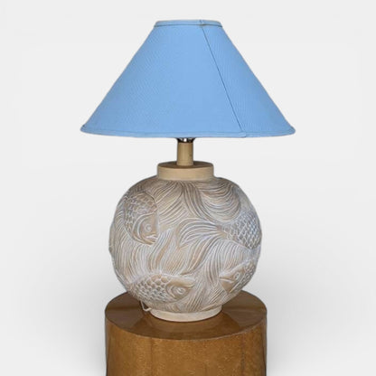 Vintage Postmodern Koi-Relief Table Lamp with Blue Shade — view 9 of 9