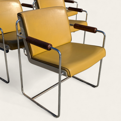 Set of 8 Vintage Krueger Armchairs – 1970s Office Chairs w/ Yellow Seats, Chrome Frames & Wood Arms, MCM Industrial