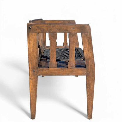 Mid-Century Wood Bench with Black Woven Strap Seat — view 9 of 15