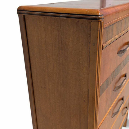Art Deco Tallboy Waterfall Dresser – Vintage Wooden Dresser, Birds Eye Maple Drawers, Classic Storage Furniture