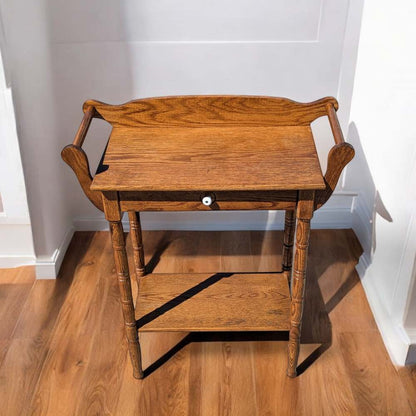 Antique Oak Washstand – 19th Century Early American Style Table w/ Towel Rack & Shelf, Farmhouse Accent