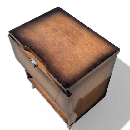 Vintage Atomic Nightstand – Mid Century Drop-Front Side Table, Tapered Metal Legs, 1950s Modern Design, 27" High