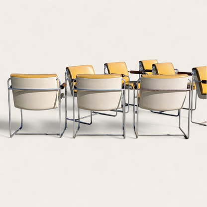 Set of 8 Vintage Krueger Armchairs – 1970s Office Chairs w/ Yellow Seats, Chrome Frames & Wood Arms, MCM Industrial