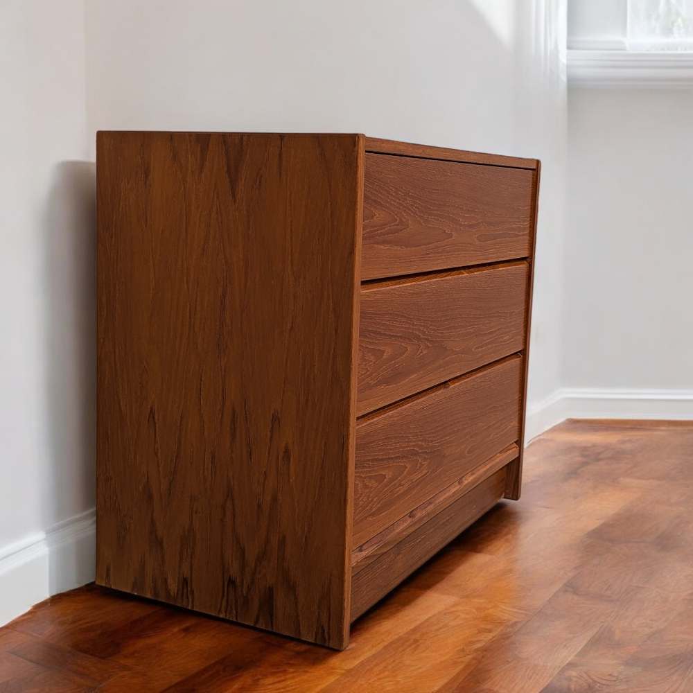1960s Petite Danish Modern Teak Three-Drawer Dresser or Nightstand — view 2 [CBV1 YQyx1tG2HRNj593MAuPo 02 3fb1a825-340f-429e-b54a-59cb31047c97.jpeg]