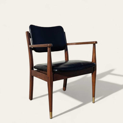 1950s Mid-Century Walnut Armchair by Gregson MFG Co | Italian Leather, Brass Accents, Modern Accent Chair