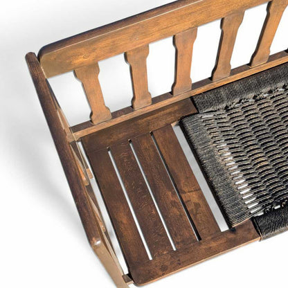 Mid-Century Wood Bench with Black Woven Strap Seat — view 2 of 15