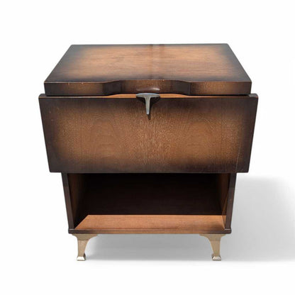Vintage Atomic Nightstand – Mid Century Drop-Front Side Table, Tapered Metal Legs, 1950s Modern Design, 27" High