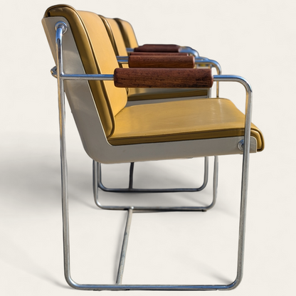 Set of 8 Vintage Krueger Armchairs – 1970s Office Chairs w/ Yellow Seats, Chrome Frames & Wood Arms, MCM Industrial