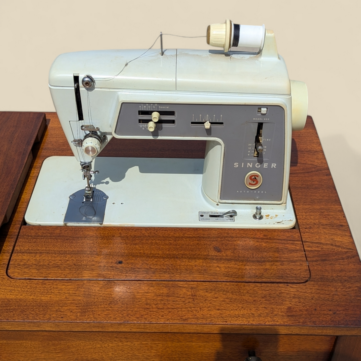 1966 Singer Slant-O-Matic 600 Sewing Machine in Mid-Century Wood Cabinet — view 15 of 18