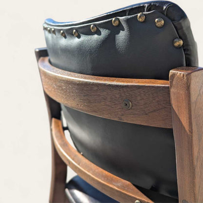 1950s Mid-Century Walnut Armchair by Gregson MFG Co | Italian Leather, Brass Accents, Modern Accent Chair