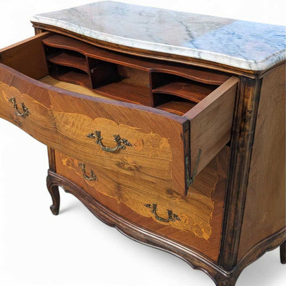 Vintage Louis XV Marble Top Commode – Bombe Chest w/ Drop Front Desk, Inlay Detail, French Style, 40" Wide
