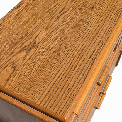 Vintage Laminate Dresser – Faux Oak Grain, Rattan Drawer Fronts, 6-Drawer Storage, 64" Long, 1980s Postmodern Style