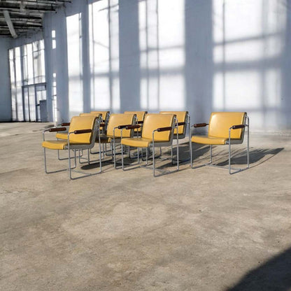Set of 8 Vintage Krueger Armchairs – 1970s Office Chairs w/ Yellow Seats, Chrome Frames & Wood Arms, MCM Industrial
