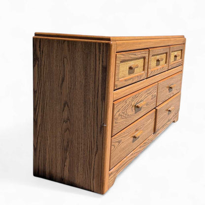 Vintage Laminate Dresser – Faux Oak Grain, Rattan Drawer Fronts, 6-Drawer Storage, 64" Long, 1980s Postmodern Style