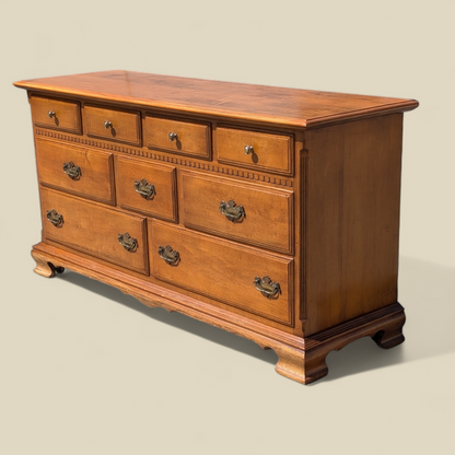 Ethan Allen Early American Solid Maple and Birch Nine-Drawer Dresser with Mirror — view 10 of 23