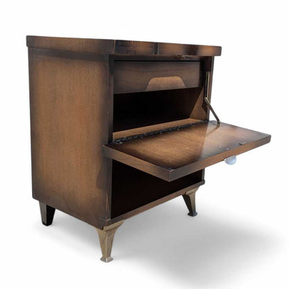 Vintage Atomic Nightstand – Mid Century Drop-Front Side Table, Tapered Metal Legs, 1950s Modern Design, 27" High