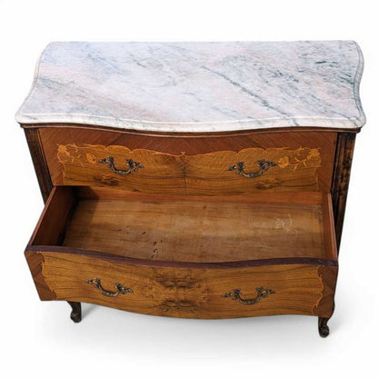 Vintage Louis XV Marble Top Commode – Bombe Chest w/ Drop Front Desk, Inlay Detail, French Style, 40" Wide