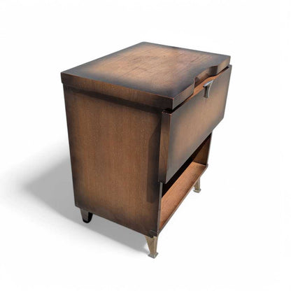 Vintage Atomic Nightstand – Mid Century Drop-Front Side Table, Tapered Metal Legs, 1950s Modern Design, 27" High