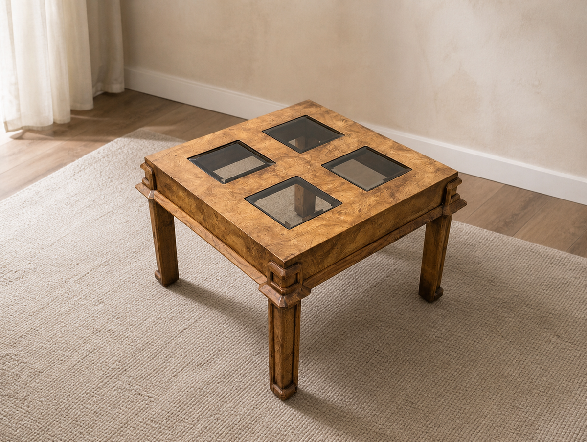 1970s Burl Wood and Smoked Glass Square Side Table — view 9 of 10
