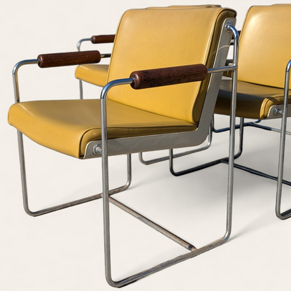 Set of 8 Vintage Krueger Armchairs – 1970s Office Chairs w/ Yellow Seats, Chrome Frames & Wood Arms, MCM Industrial