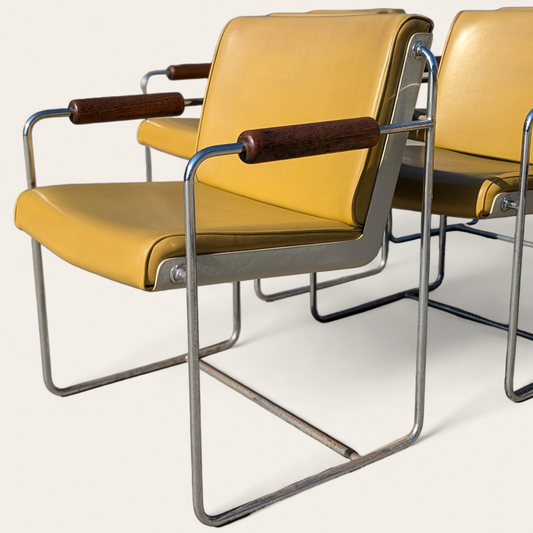 Set of 8 Vintage Krueger Armchairs – 1970s Office Chairs w/ Yellow Seats, Chrome Frames & Wood Arms, MCM Industrial