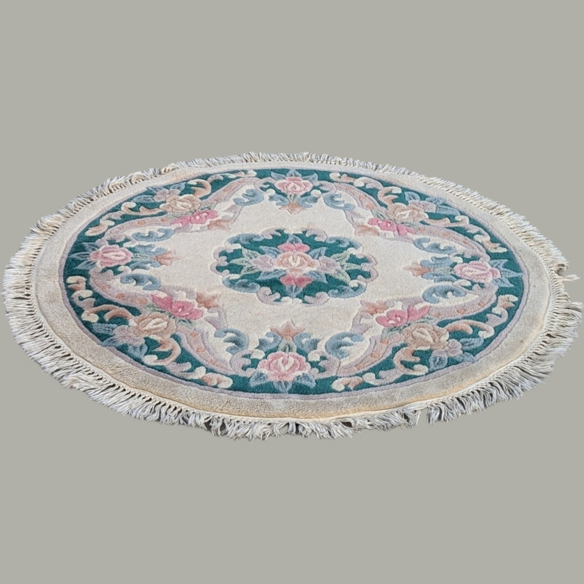 Vintage 44-Inch Round Floral Fringed Rug — view 4 of 6