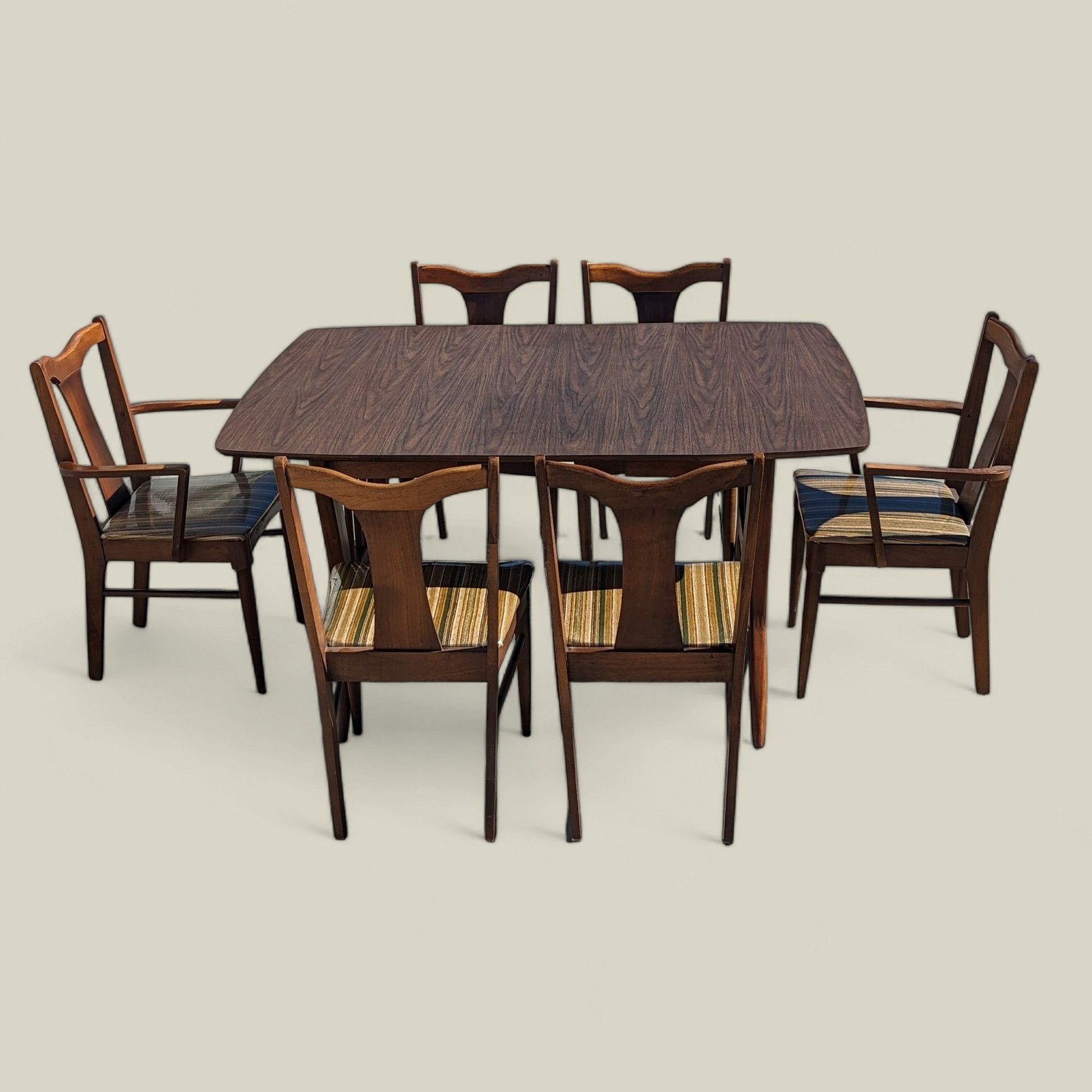 Vintage Dining Set, Drop Leaf Table, Six Chairs, Mid Century, MCM, Laminate, Wood, Unique, Kitchen