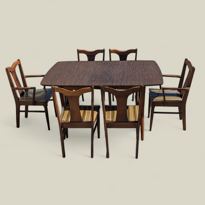 Vintage Dining Set, Drop Leaf Table, Six Chairs, Mid Century, MCM, Laminate, Wood, Unique, Kitchen