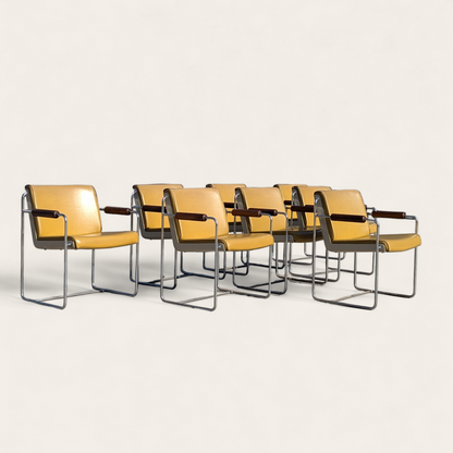 Set of 8 Vintage Krueger Armchairs – 1970s Office Chairs w/ Yellow Seats, Chrome Frames & Wood Arms, MCM Industrial