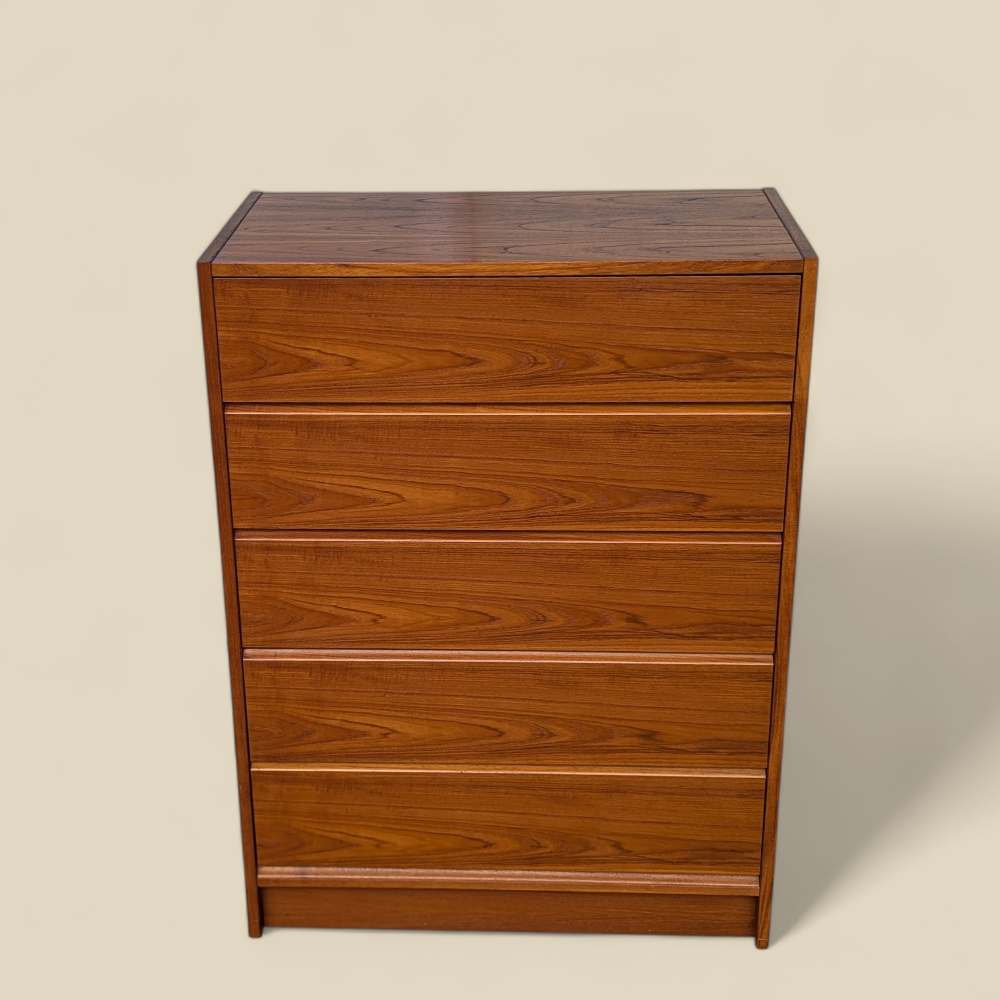 1960s Danish Modern Teak Five-Drawer Tallboy Dresser, Made in Denmark — view 3 [CBV1 IM0AA28QR54VCuTLu50N 03 6440ca9c-9134-4c0b-a316-69f8aa02f0ce.jpeg]