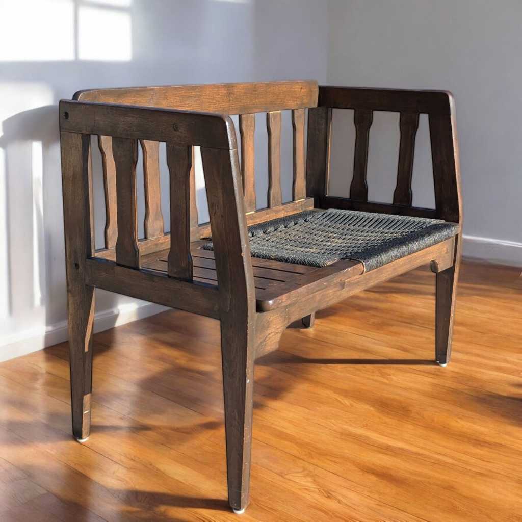 Mid-Century Wood Bench with Black Woven Strap Seat — view 1 of 15