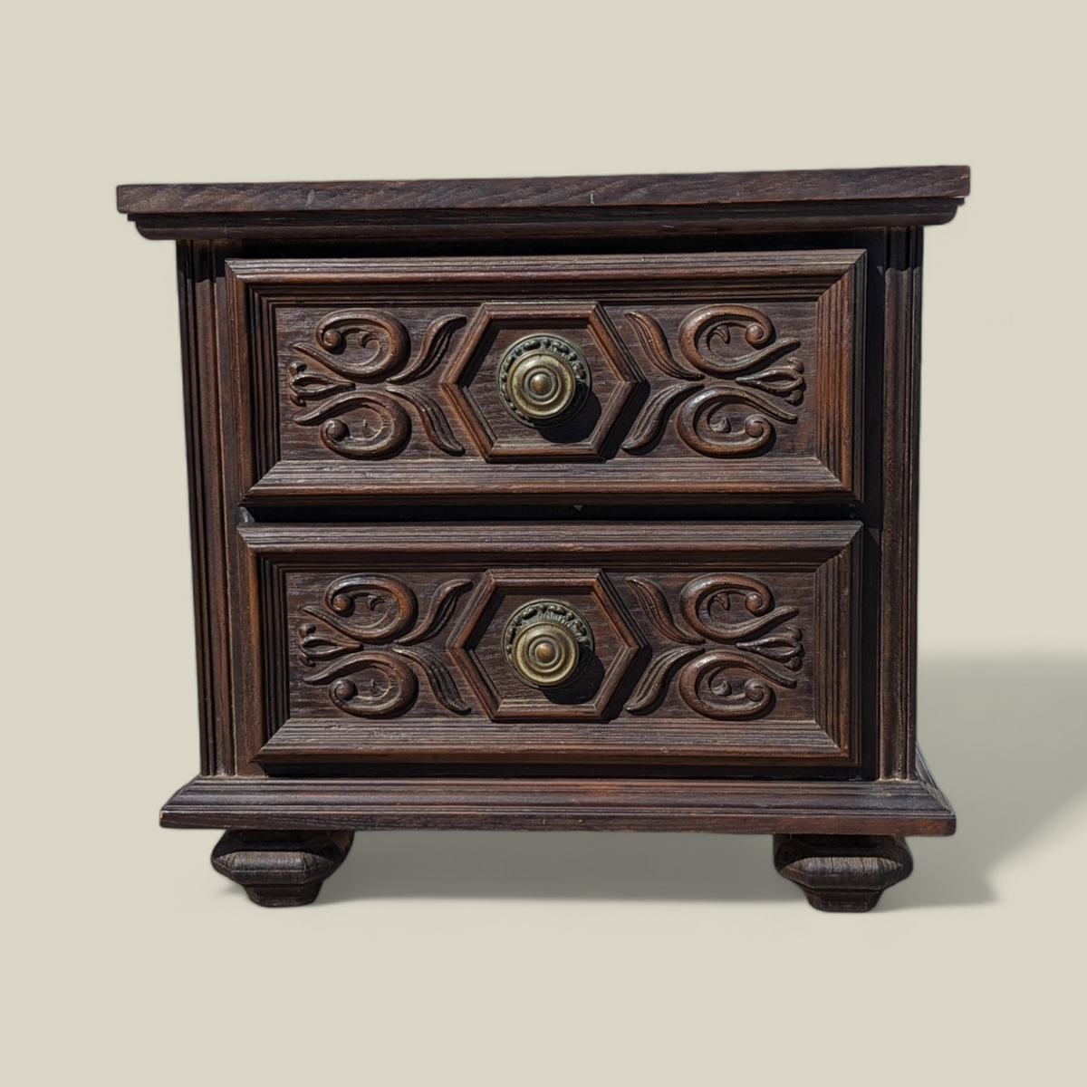 1970s Spanish Gothic Revival Carved Wood Nightstand with Brass Hardware — view 3 of 13