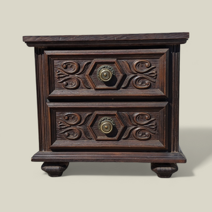 1970s Spanish Gothic Revival Carved Wood Nightstand with Brass Hardware — view 3 of 13