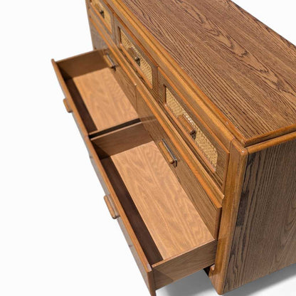 Vintage Laminate Dresser – Faux Oak Grain, Rattan Drawer Fronts, 6-Drawer Storage, 64" Long, 1980s Postmodern Style