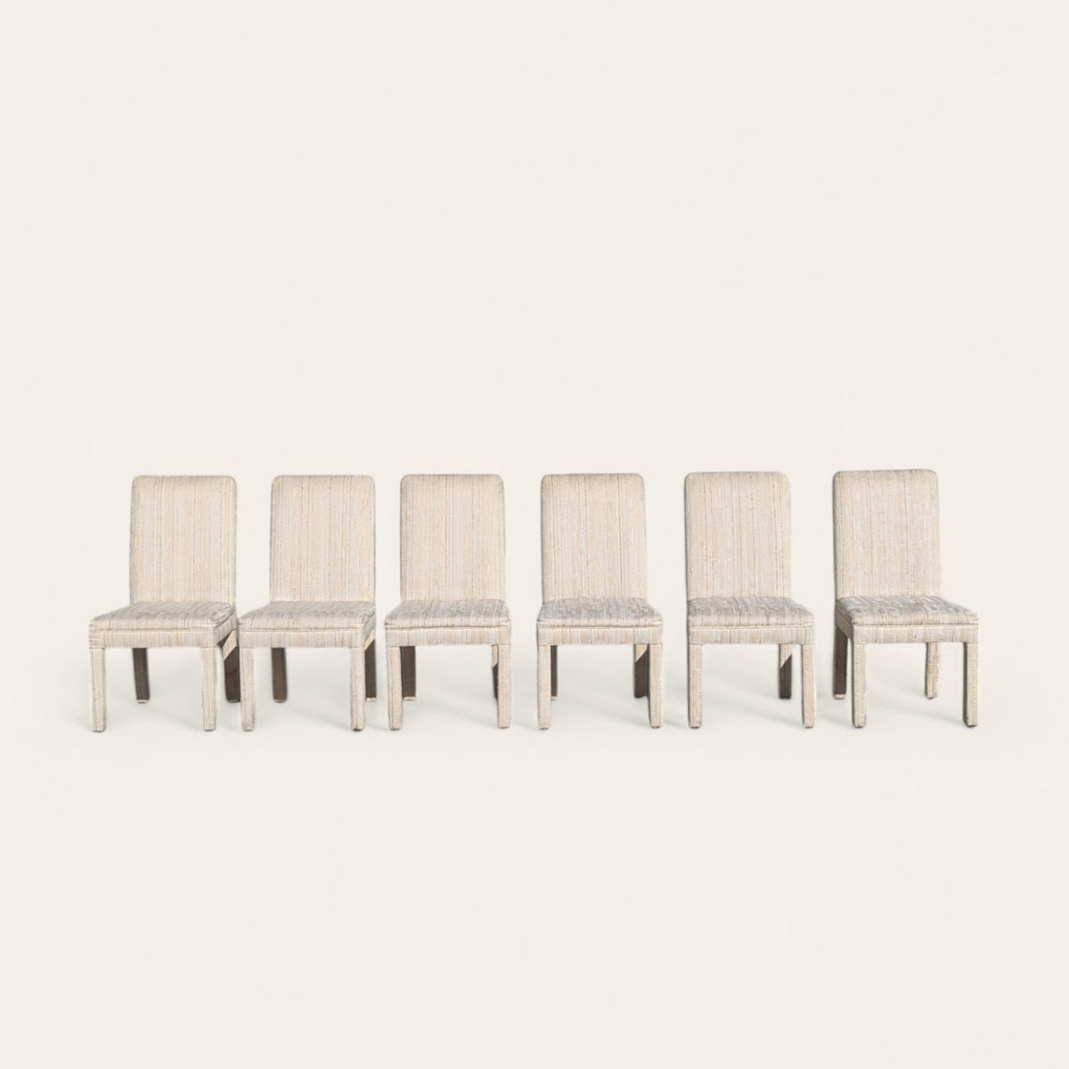 Set of Six 1980s Postmodern Sculptural Dining Chairs in Textured Cream Fabric — view 5 [CBV1 EYTrsF5VkReaS9GORcdf 05 6daea816-2033-46df-a687-da9f9863aaf6.jpeg]