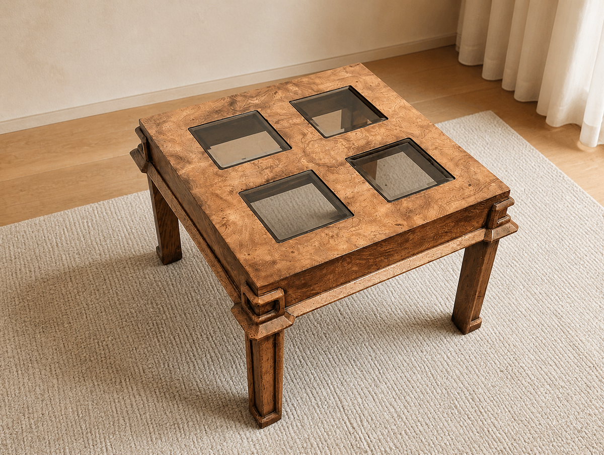 1970s Burl Wood and Smoked Glass Square Side Table — view 3 of 10