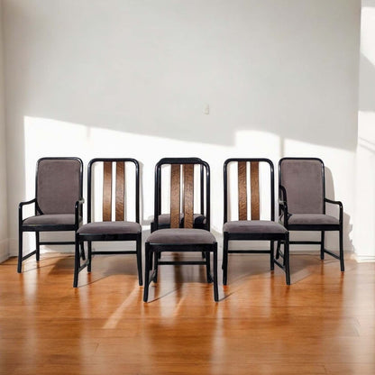 Six Postmodern Dining Chairs by Bernhardt, Black Lacquer, Birdseye Maple, Wood Frames, Dining Room
