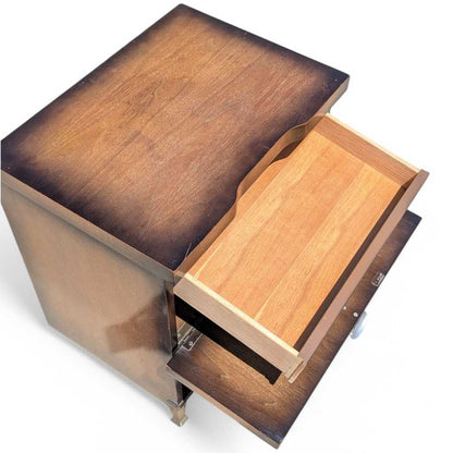 Vintage Atomic Nightstand – Mid Century Drop-Front Side Table, Tapered Metal Legs, 1950s Modern Design, 27" High
