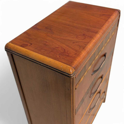 Art Deco Tallboy Waterfall Dresser – Vintage Wooden Dresser, Birds Eye Maple Drawers, Classic Storage Furniture