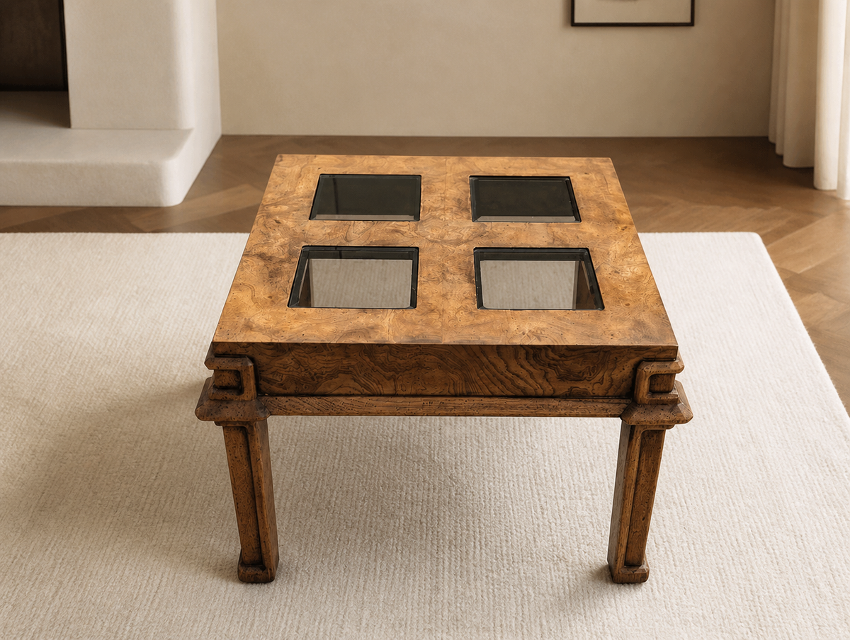 1970s Burl Wood and Smoked Glass Square Side Table — view 7 of 10
