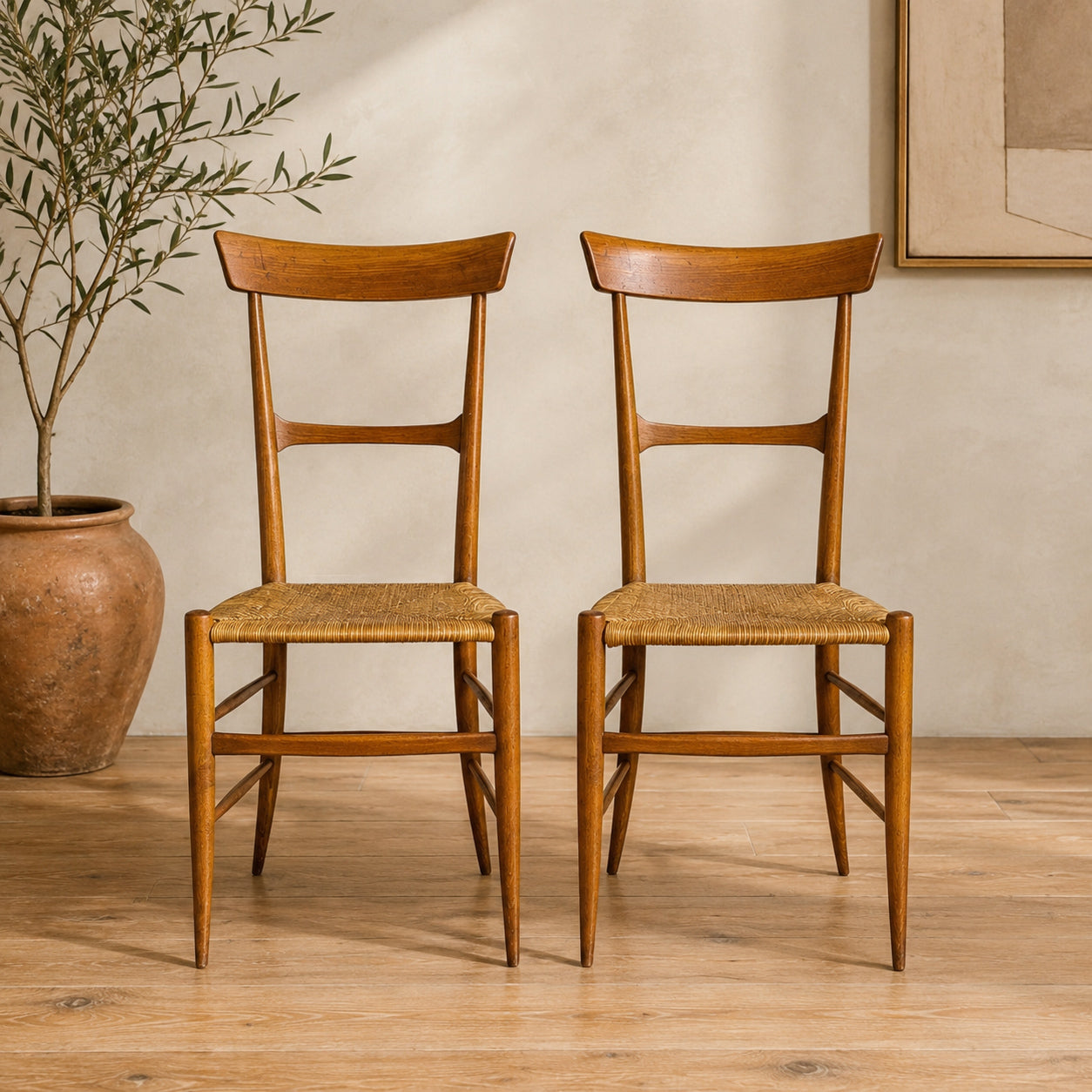 Pair Italian Chiavari Chairs Attributed Fratelli Podesta Campanino Rush Seat Mid Century Dining Chairs