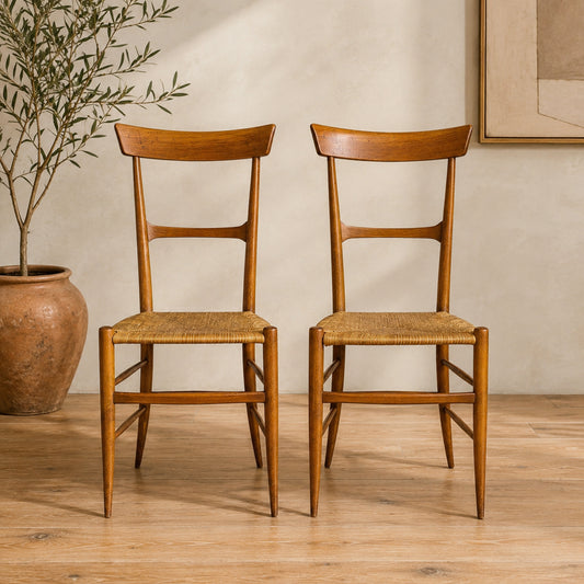 Pair Italian Chiavari Chairs Attributed Fratelli Podesta Campanino Rush Seat Mid Century Dining Chairs