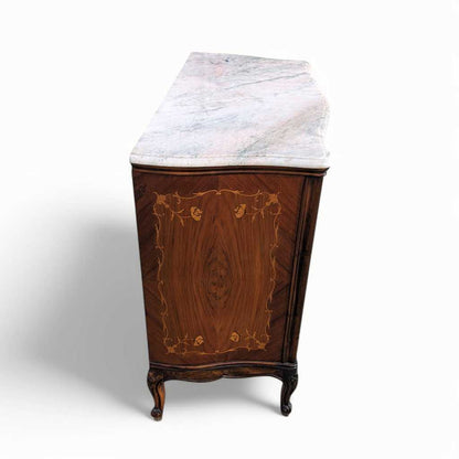Vintage Louis XV Marble Top Commode – Bombe Chest w/ Drop Front Desk, Inlay Detail, French Style, 40" Wide